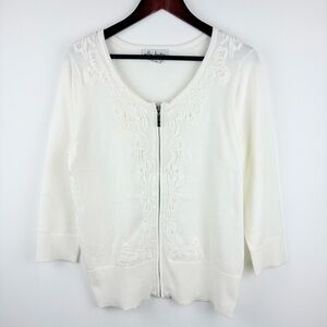Women’s Vintage Crochet Embroidered Zip Up Cardigan Sweater Ivory White Large
